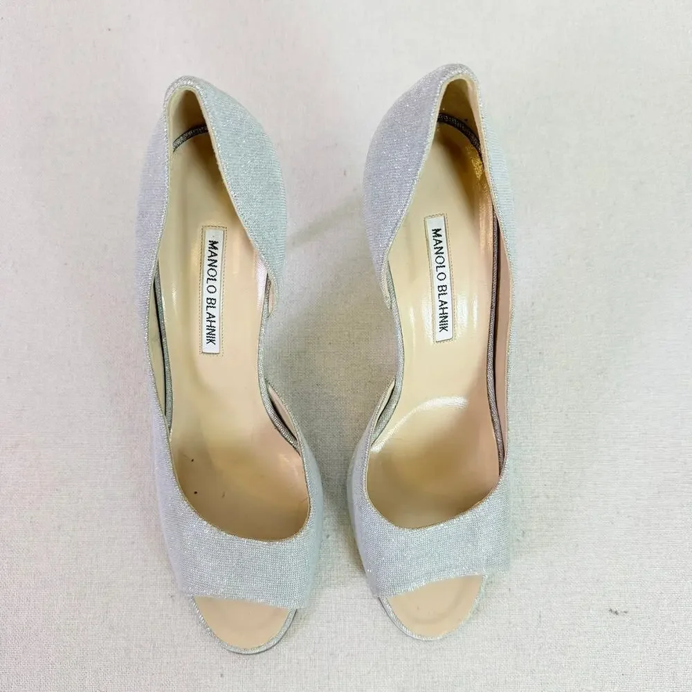 Manolo Blahnik Silver Metallic D'Orsay Peep Toe Stiletto Heels Women's EU 40.5